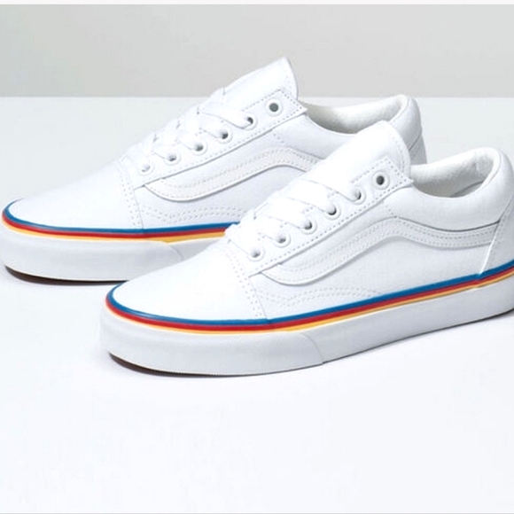 Vans Shoes - Vans White Leather Sneakers Old Skool Rainbow Foxing True White 5.5